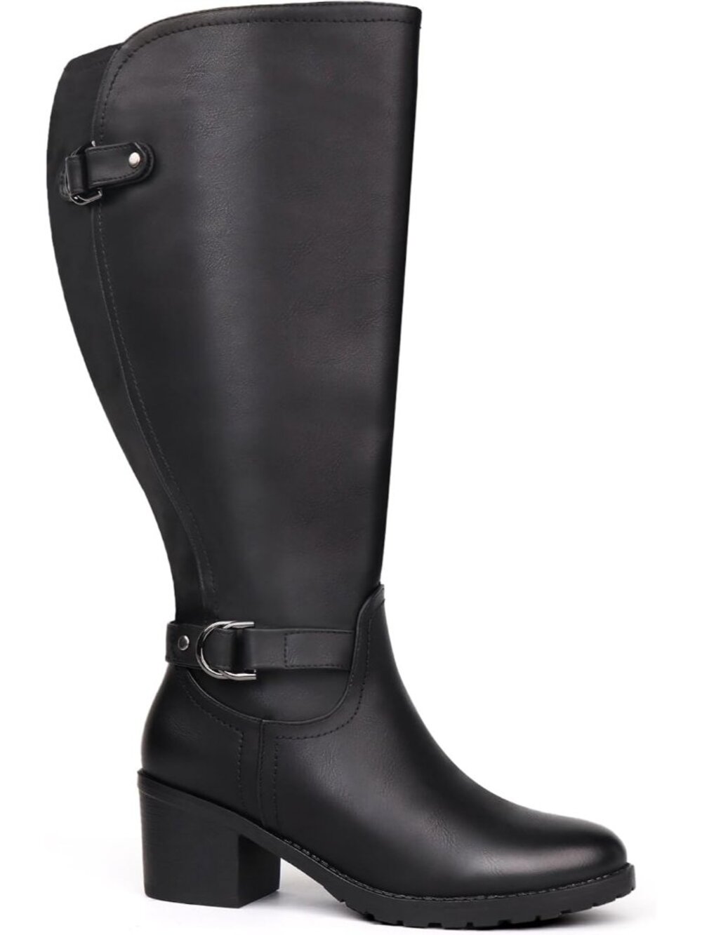 Women's Black/Wool Wide Calf Block Heel Decorated Double Buckle Knee High Boots